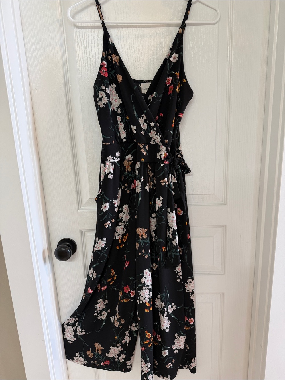 Kaileigh Black Floral Wrap Jumpsuit with Spaghetti Straps